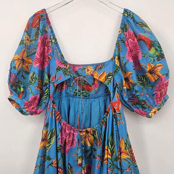 Farm Rio Toucans Garden Blue Floral Puff Sleeve Open Back Midi Dress XS‎ - Picture 9 of 14